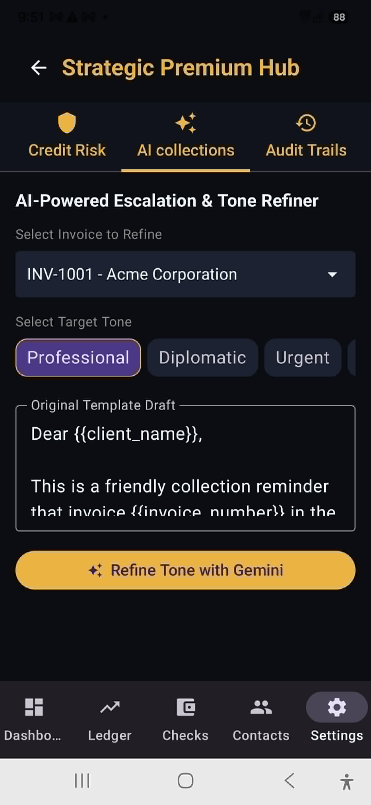 LT Ledger Loop AI-powered escalation and tone refiner screen