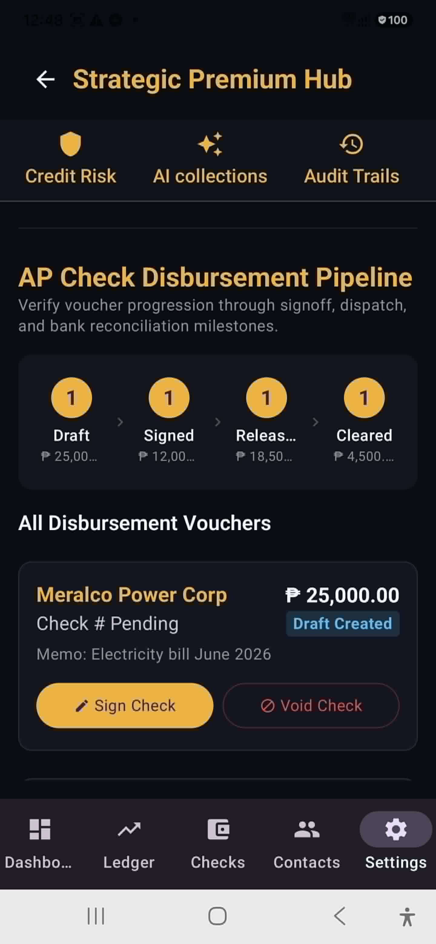 LT Ledger Loop AP check disbursement pipeline screen