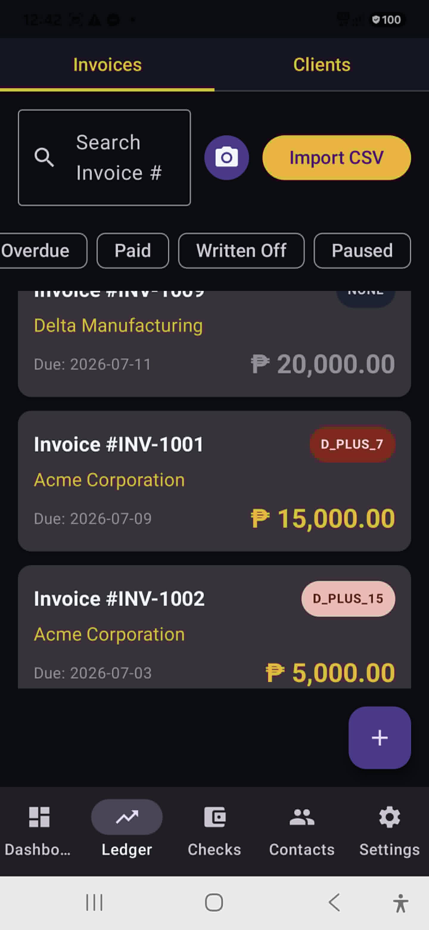 LT Ledger Loop invoice list with overdue invoice records