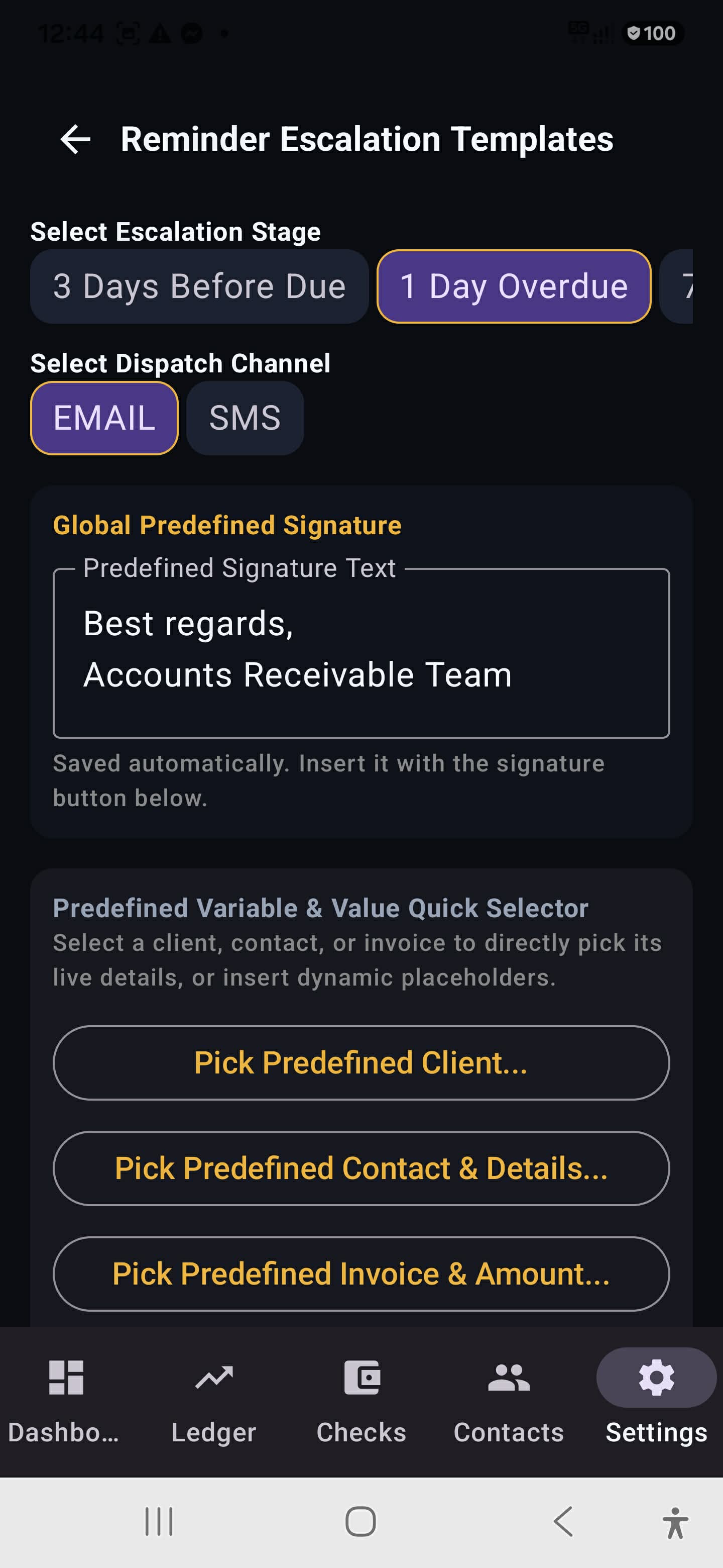 Reminder escalation template screen