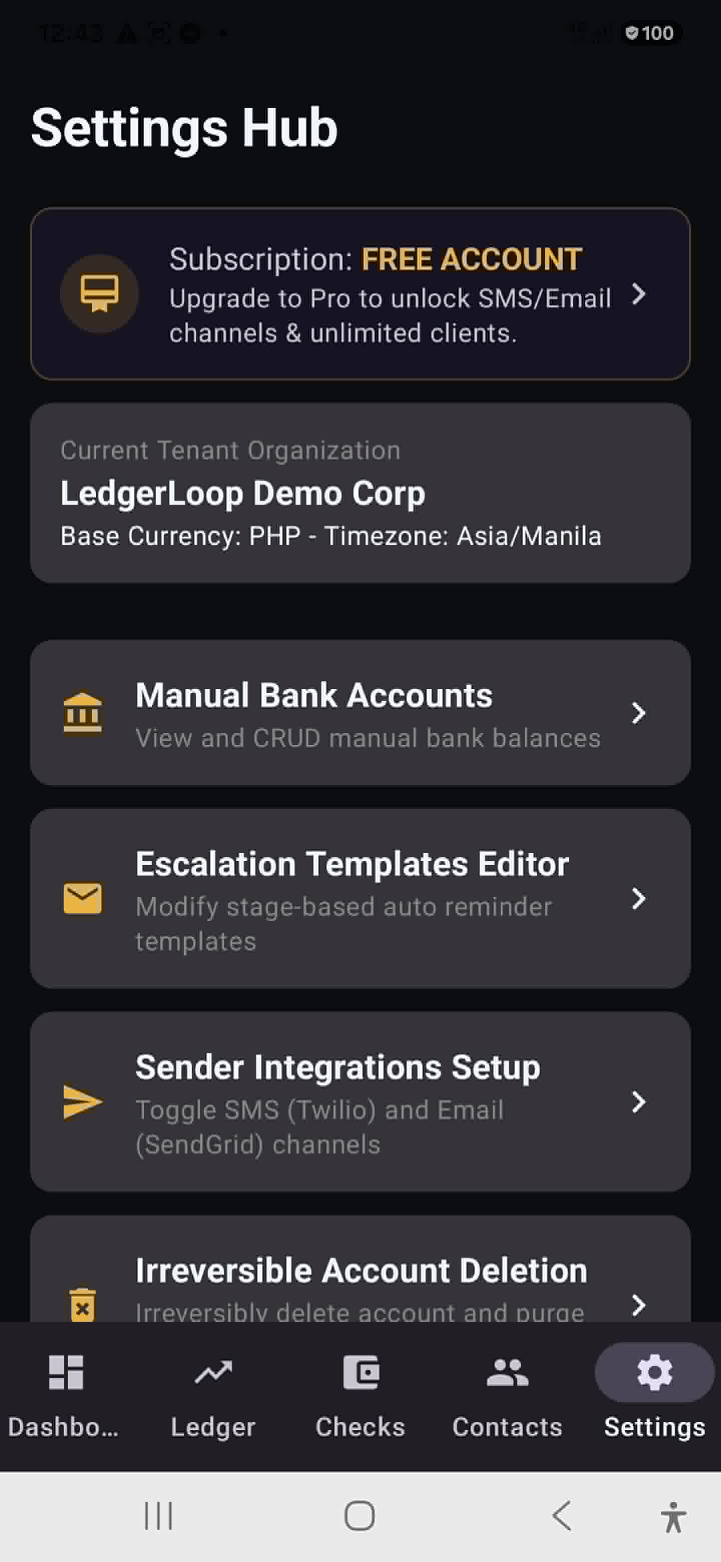 Settings hub with manual bank accounts and escalation template editor
